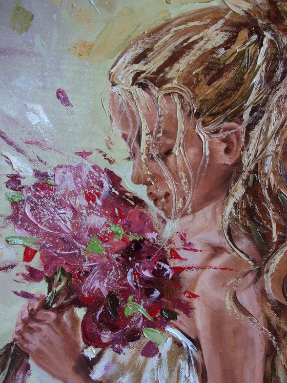 " SPRING LOVE ... "- flowers  liGHt  ORIGINAL OIL PAINTING, GIFT, PALETTE KNIFE