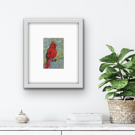 Bird oil painting - Red cardinal small canvas - Christmas gift for bird lover.