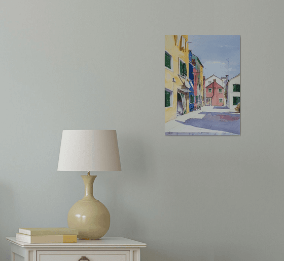 Burano island. Original watercolor. Small colorful venice italy light shadow warm urban landscape street scene bright impressionism realism travel romantic.