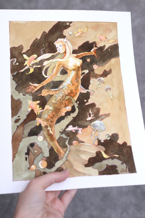 Mermaid and golden fishes, Fantasy illustration in watercolor