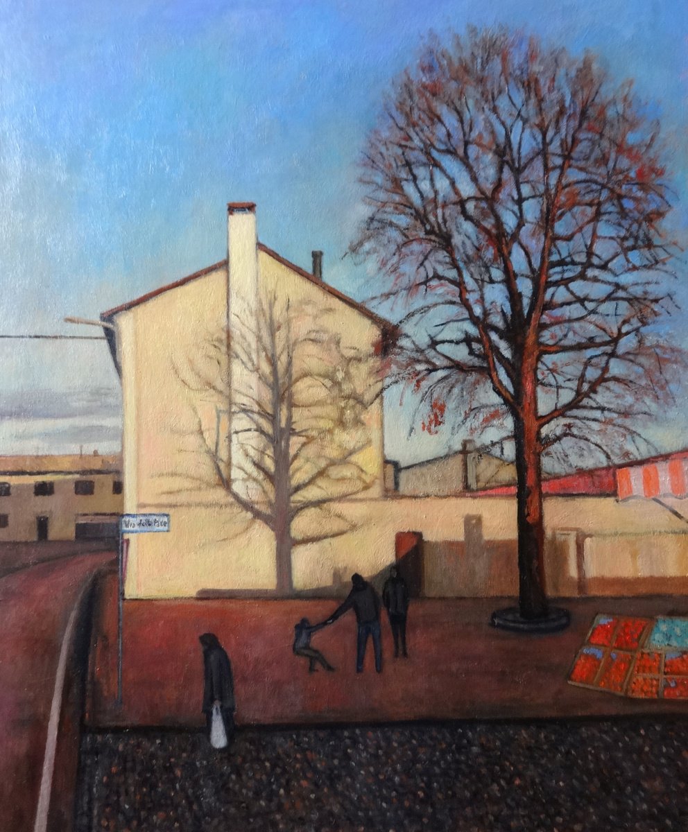 Landscape Oil Painting By Massimiliano Ligabue, 20 X 24", Market At "Via Della Pace", Original Artwork