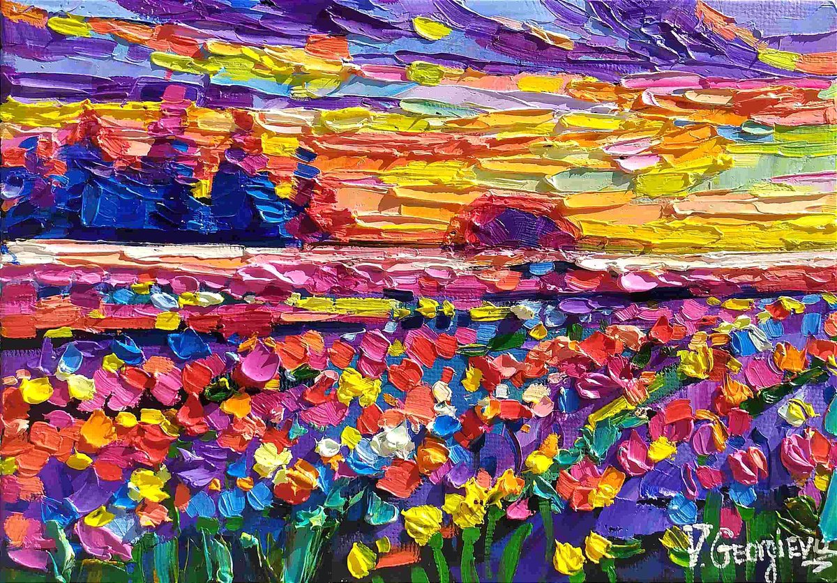 Expressive Landscape Oil Painting By Vanya Georgieva, 14 X 10", Tulips Fields, Original Artwork