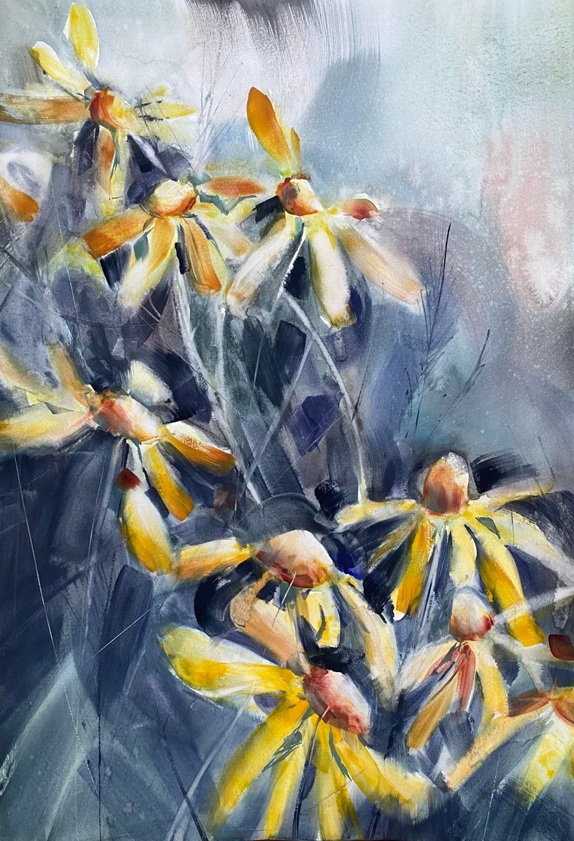 Yellow daisies - floral watercolor by Anna Boginskaia