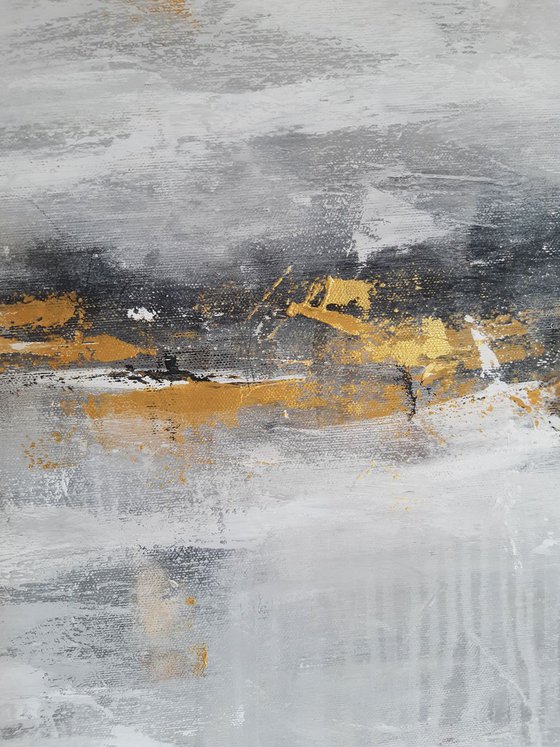 'PATHS AND TRACKS' #3 – abstract landscape in grey, gold and earth shades