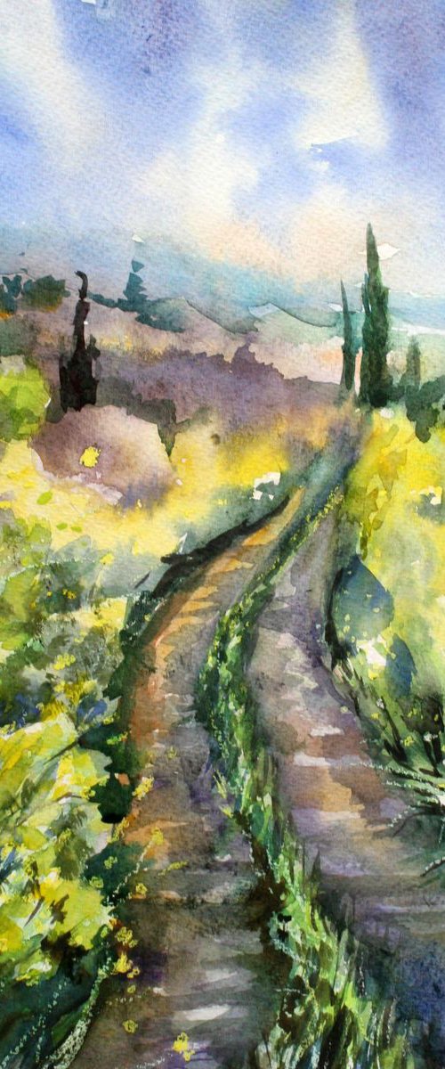 Landscape original watercolor painting Road in the field impressionist stile artwork floral wall art nature wildflowers herbs native-grasses by Alina Shmygol