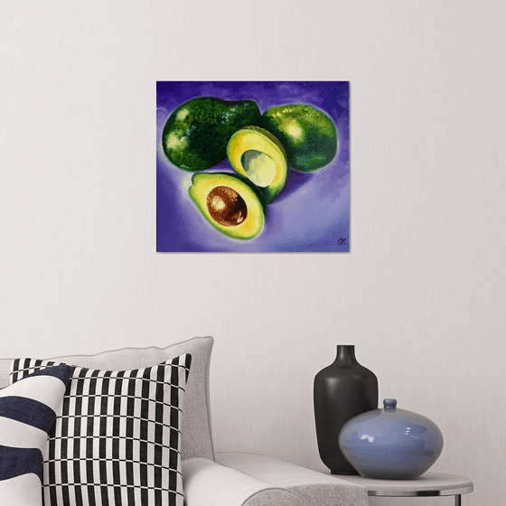 Avocado . Purple, green, photorealistic still life.