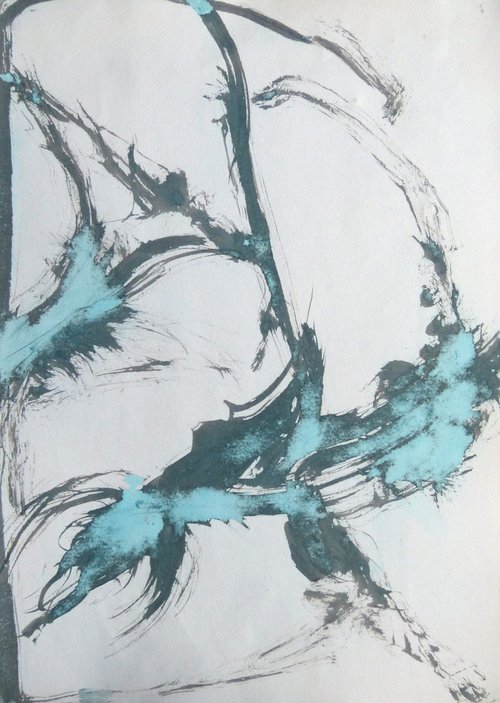 Blue abstract drawing, 29x42 cm by Frederic Belaubre