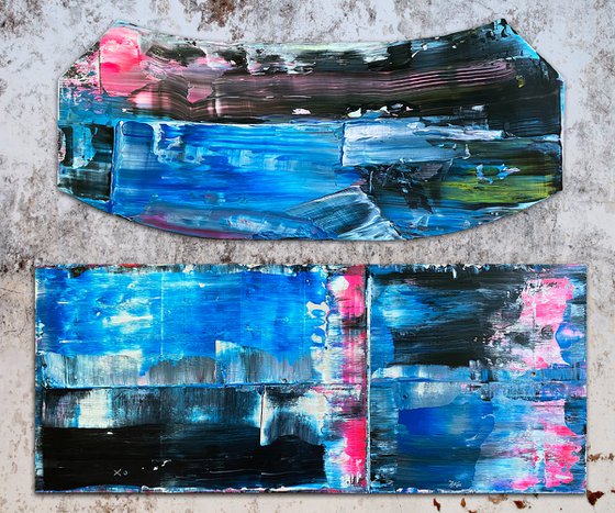 Sturm Und Drang - Original PMS Abstract Acrylic Painting Diptych On Recycled Wood and Wooden Desk Panels - 48" x 40"