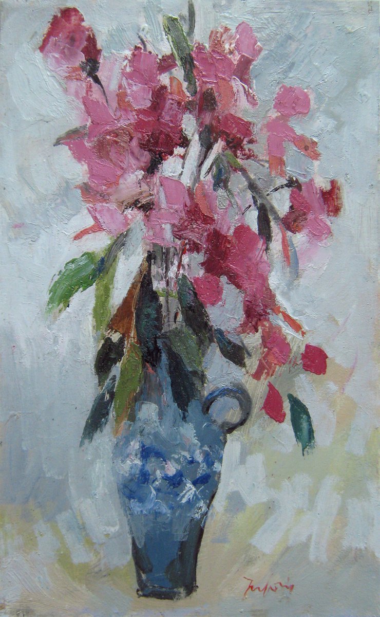 Pink flowers in a blue vase KIP-27, Mato Jurkovic, acad. painter by Mato Jurkovic