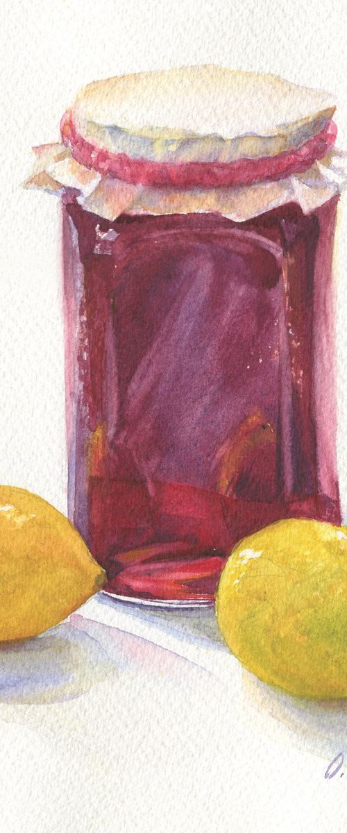 Lemons & Jam / Fruit still life Lemon watercolor Kitchen wall art by Olha Malko