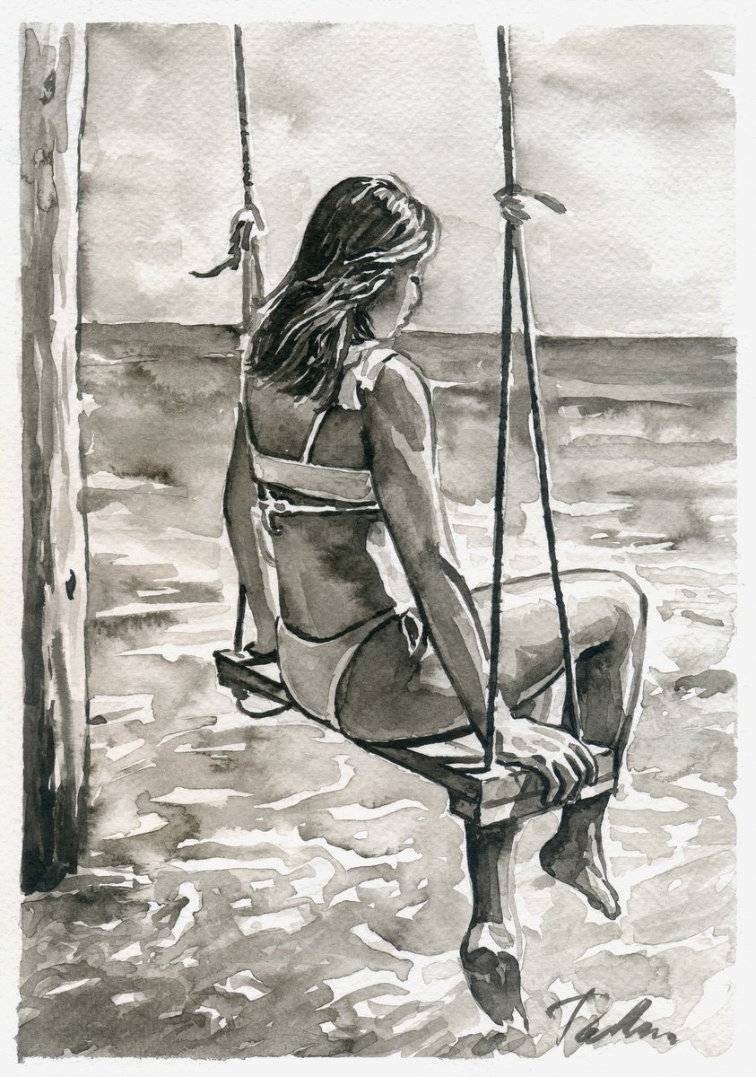 Urban And Pop Portrait Ink Drawing By Tashe, 8 X 12", Dream Swing, Original Artwork