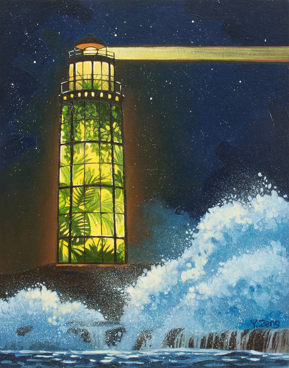 Surrealistic Oil Painting , Greenhouse Lighthouse By Yue Zeng, 11 X 14, Artwork For Sale On Artfinder