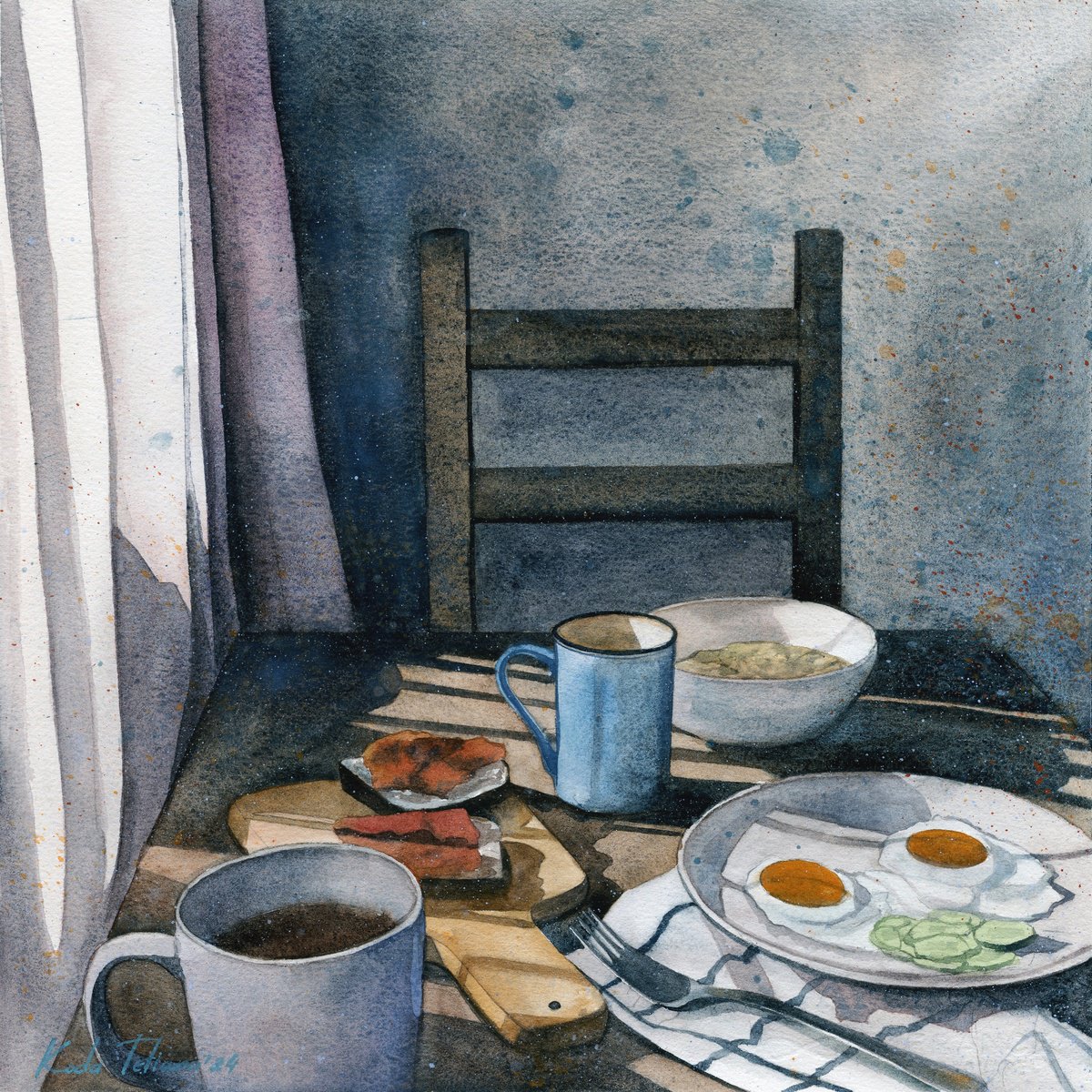 Impressionistic Still Life Watercolour By Tetiana Koda, 13 X 13", Breakfast, Original Artwork