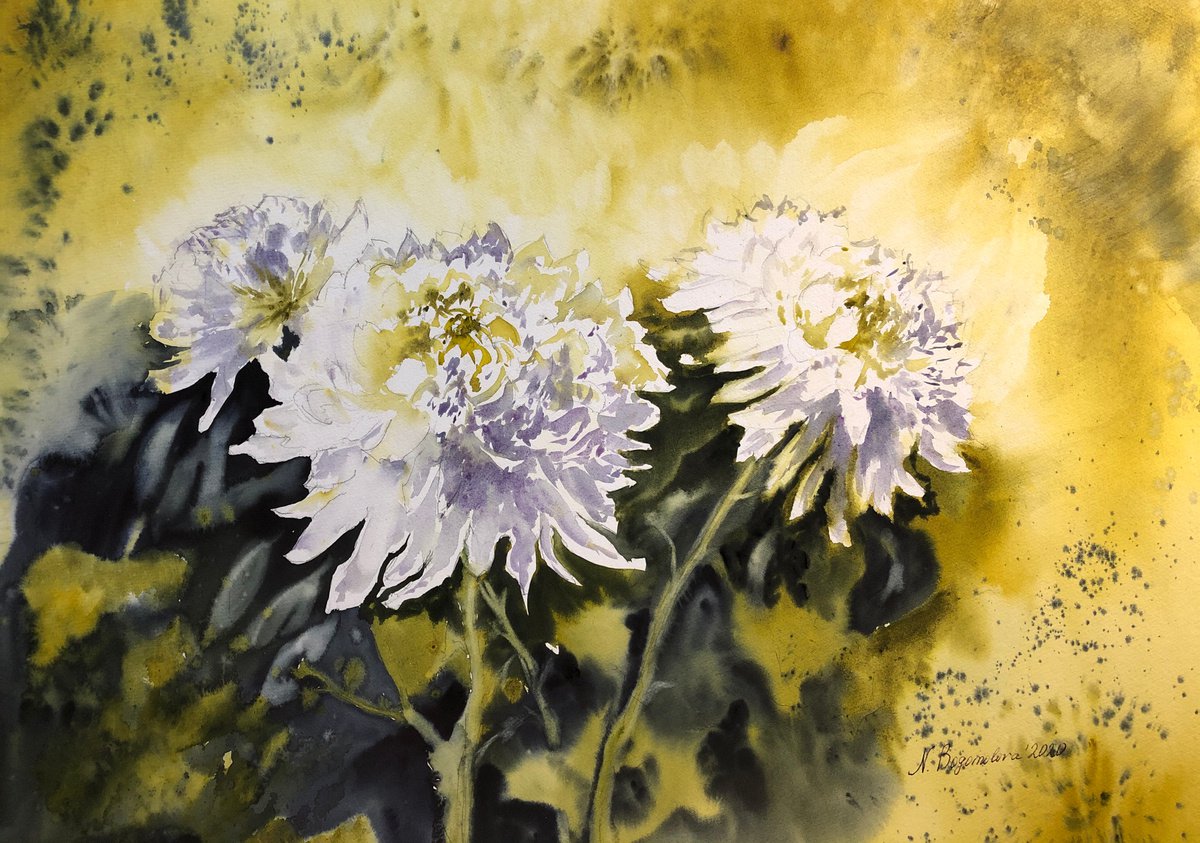 White chrysanthemums. Floral painting by Nadezhda Bogomolova