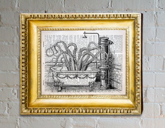 Octopus In a Bath - Collage Art Print on Large Real English Dictionary Vintage Book Page