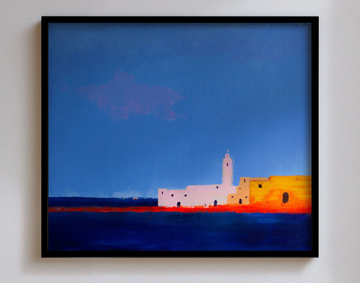 Impressionistic Landscape Acrylic Painting By Bohdan Katolyk, 28 X 24, Seaside Town, Original Artwork