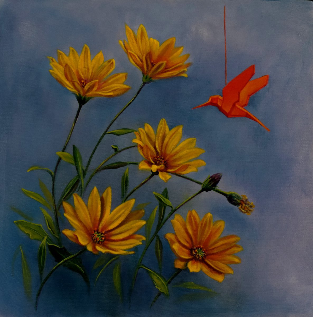 Photorealistic Botanical Acrylic Painting By Laura Cabral, 12 X 12", Meeting Origami, Original Artwork