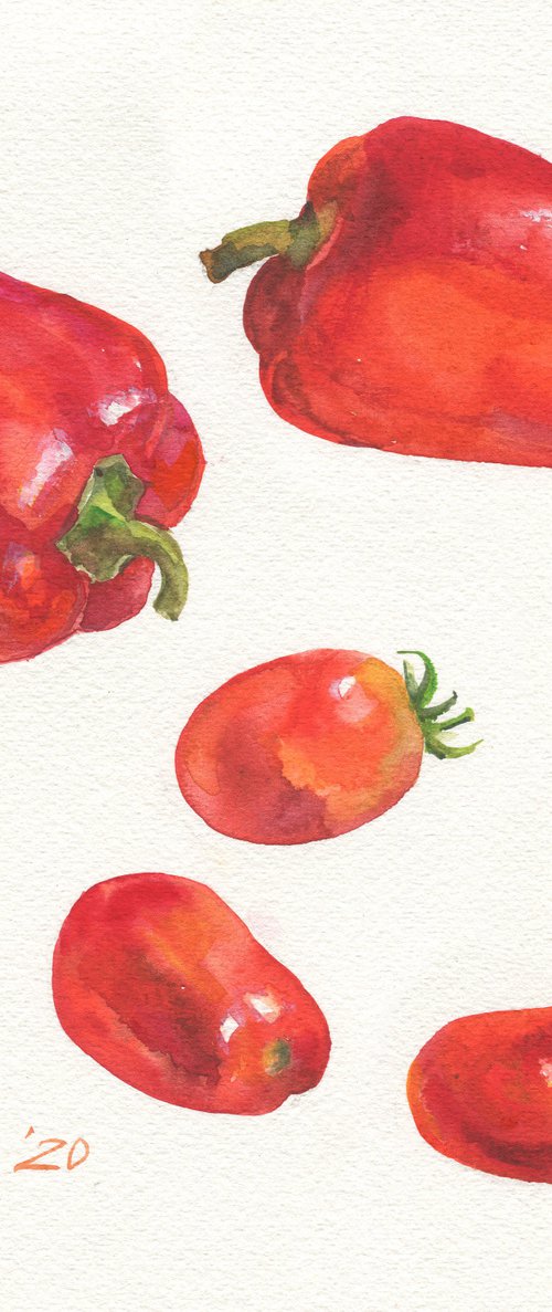Veggies 3. Peppers and tomatoes / Kitchen wall art. Modern watercolor picture by Olha Malko