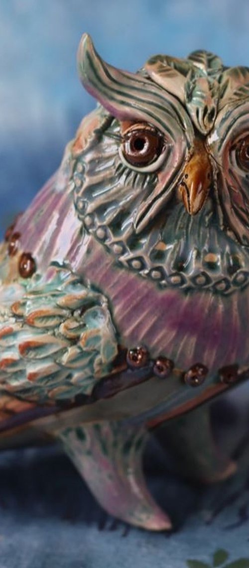 Tender Owl in Blue. Ceramic OOAK sculpture. by Elya Yalonetski