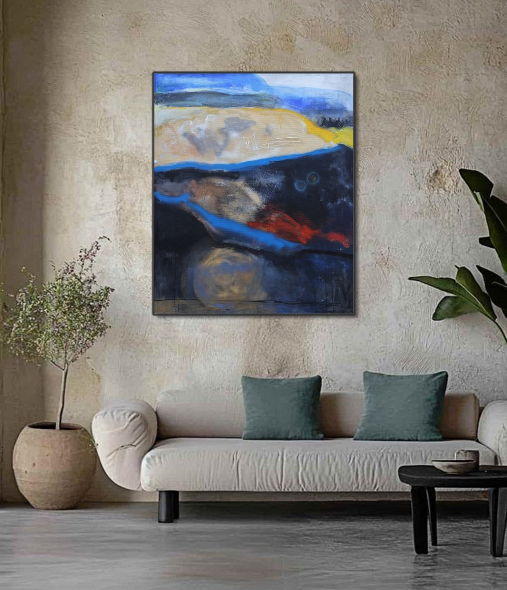 Abstract Acrylic Painting By Artem Andreichuk, 39 X 47, Gold, Black And Blue, Original Artwork