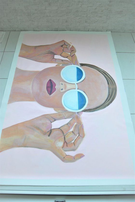 Extra large  painting, Girl with sunglasses / 140 x 90 x 5 cm