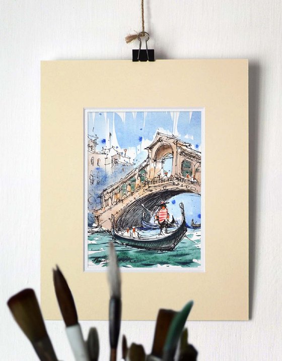 Rialto Bridge in Venice, Italy, ink and watercolor wash on paper.