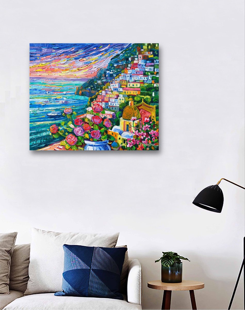 Impressionistic Cityscapes Oil Painting By Vanya Georgieva, 24 X 20", Positano Sunset 2, Original Artwork