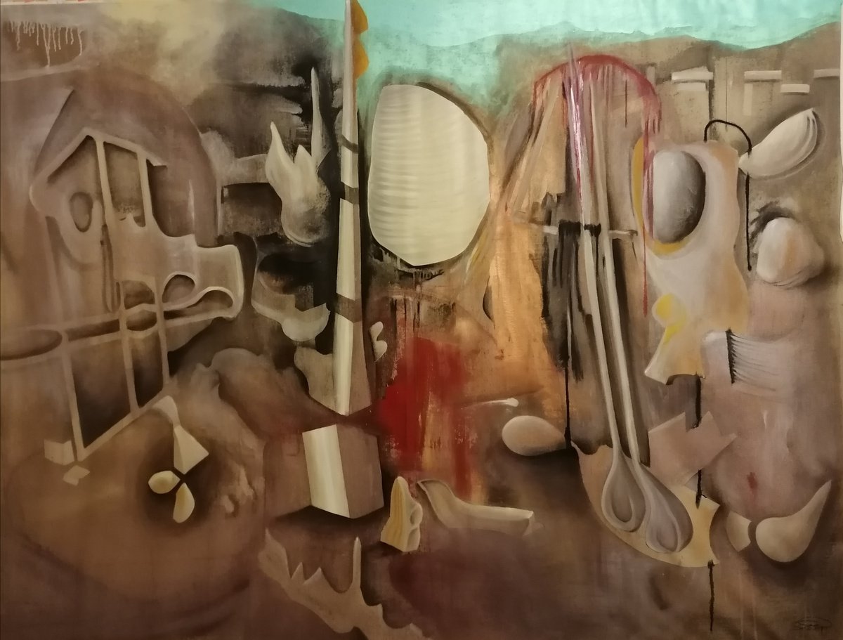 Surrealistic Abstract Oil Painting By Stefano Mazzolini, 83 X 63", Gotibaco, Original Artwork