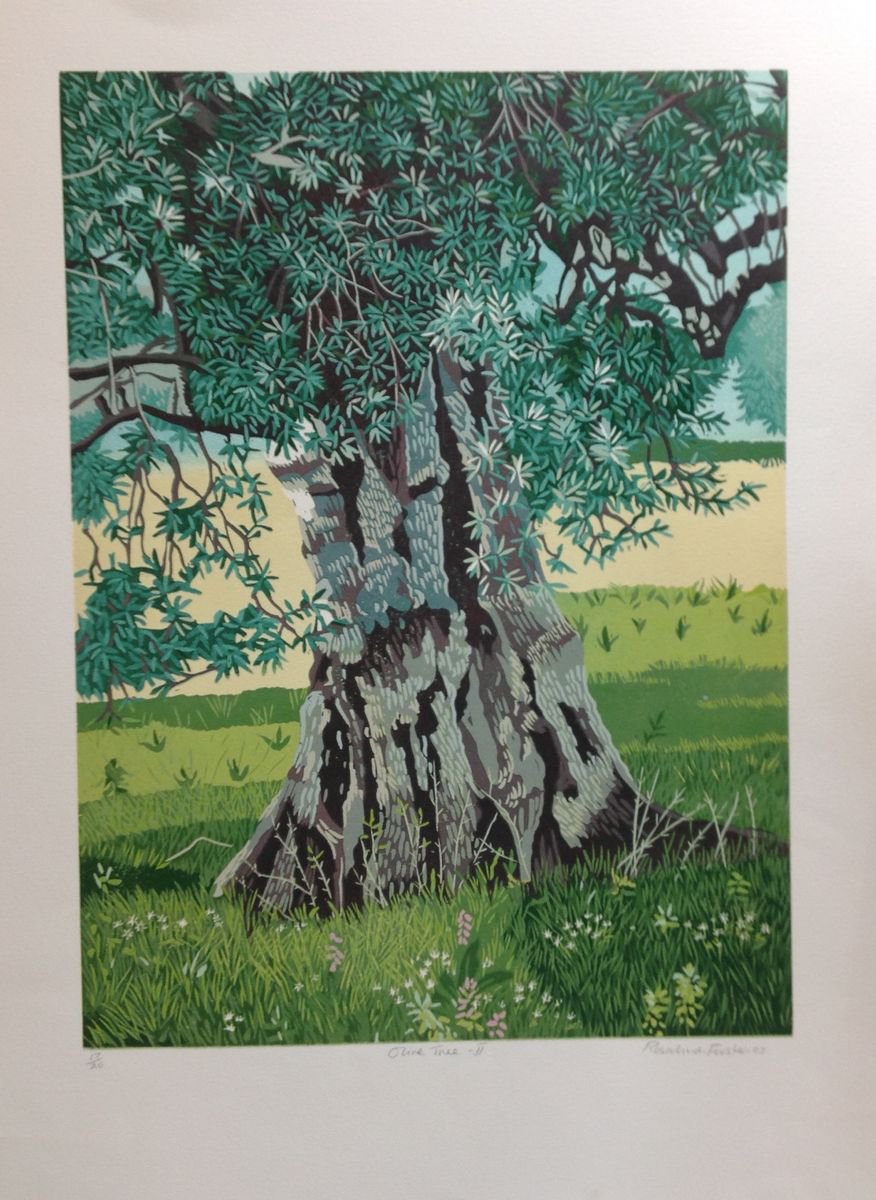 Landscape Linocut By Rosalind Forster, 15 X 19", Olive Tree Ii, Original Artwork