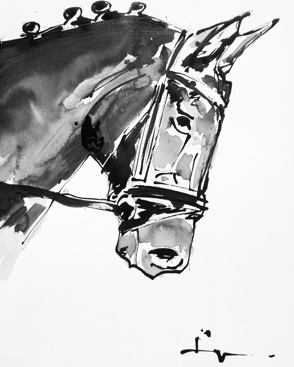 Expressive Animal Acrylic Painting By Dominique Deve, 12 X 16, Black Horse 2, Original Artwork