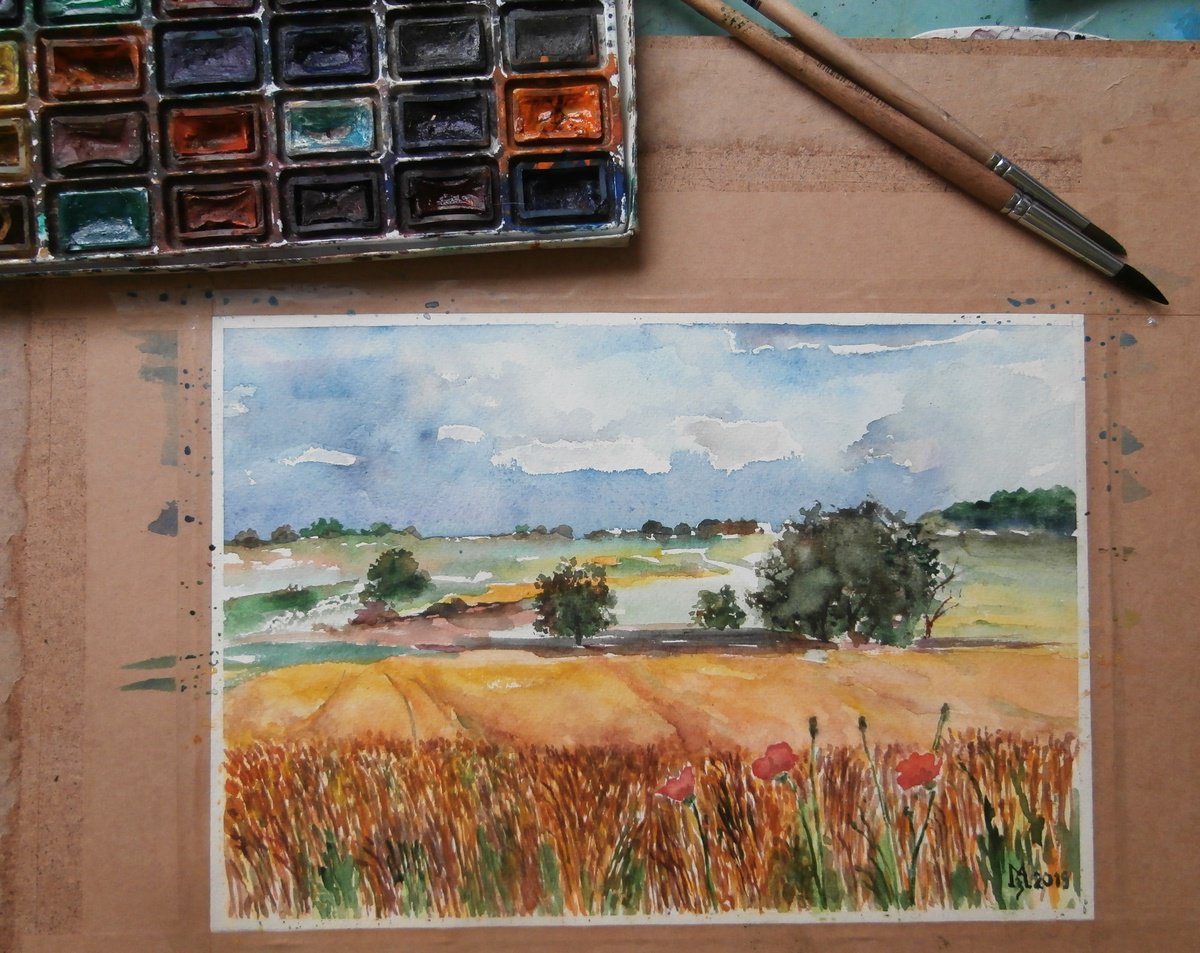 Impressionistic Landscape Watercolour By Zoran Mihajlovic Muza, 11 X 8", Gold Fild, Original Artwork