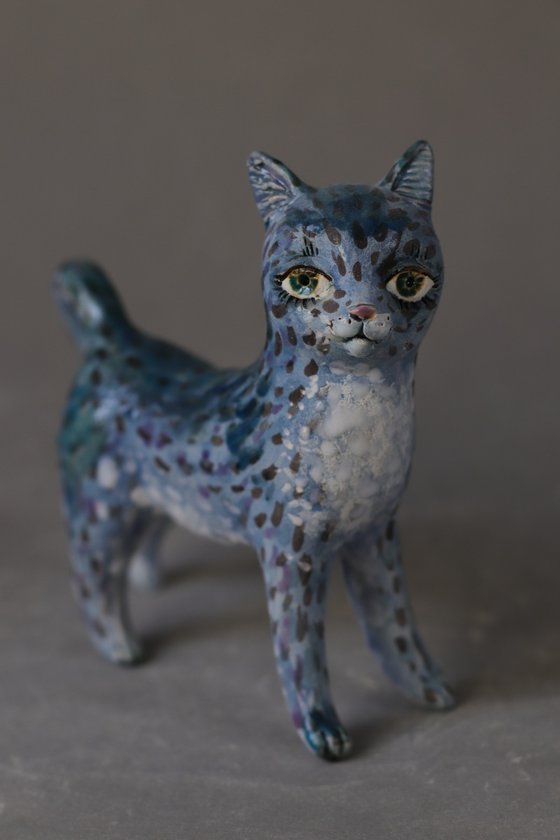 Cat in Blue. Ceramic OOAK sculpture.