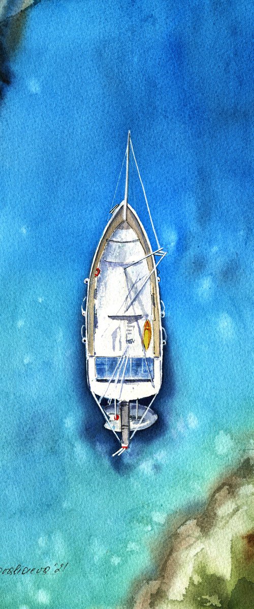 Sailing boat near the coast blue sea original watercolor painting medium size photorealistic stile gift idea by Irina Povaliaeva