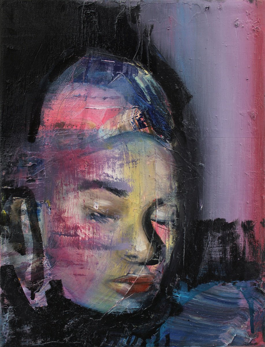 Expressive Portrait Oil Painting By Milos Hronec, 12 X 16", Contemplation, Original Artwork