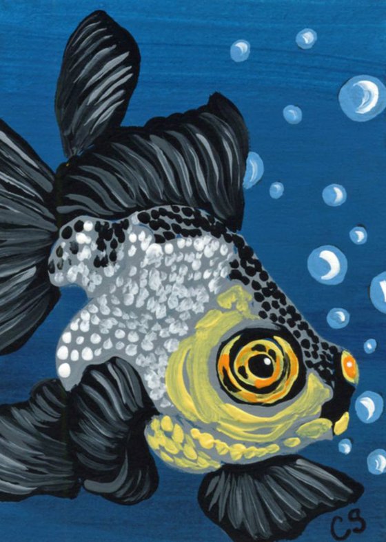 ACEO ATC Original Painting Panda Black Moor Goldfish Pet Art-Carla Smale