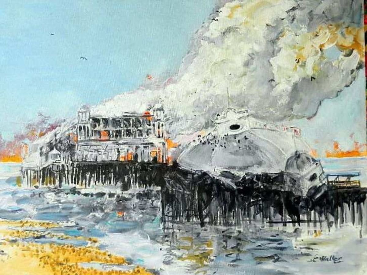 Photorealistic Cityscapes Painting By Chris Walker, 35 X 28, Fire Brighton West Pier 2003, Original Artwork