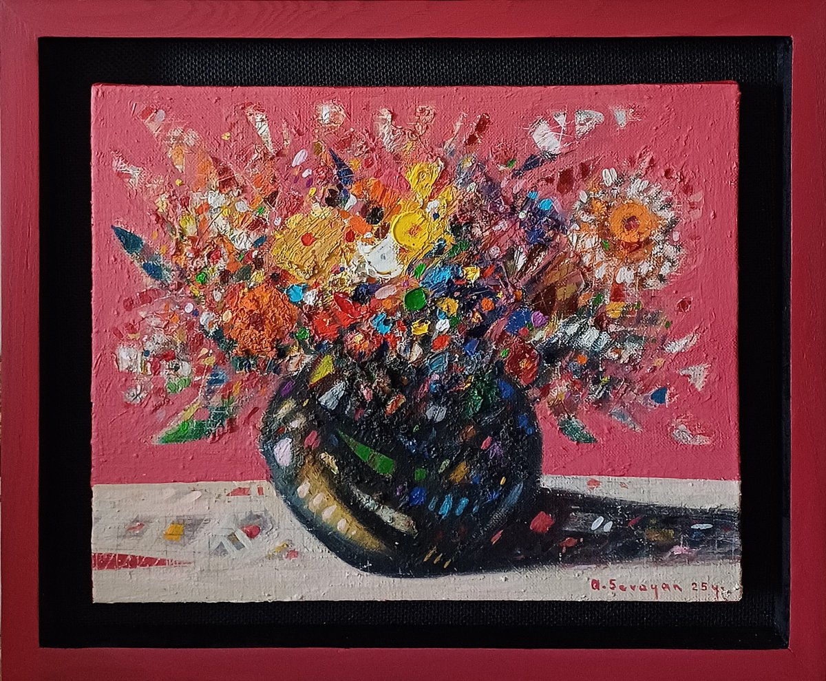 Abstract Botanical Oil Painting By Aram Sevoyan, 14 X 12, Colors Fireworks, Original Artwork