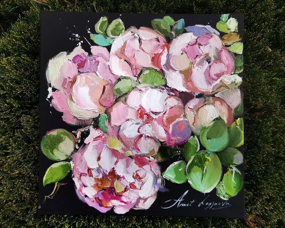 Blooming flowers on canvas, Peonies art
