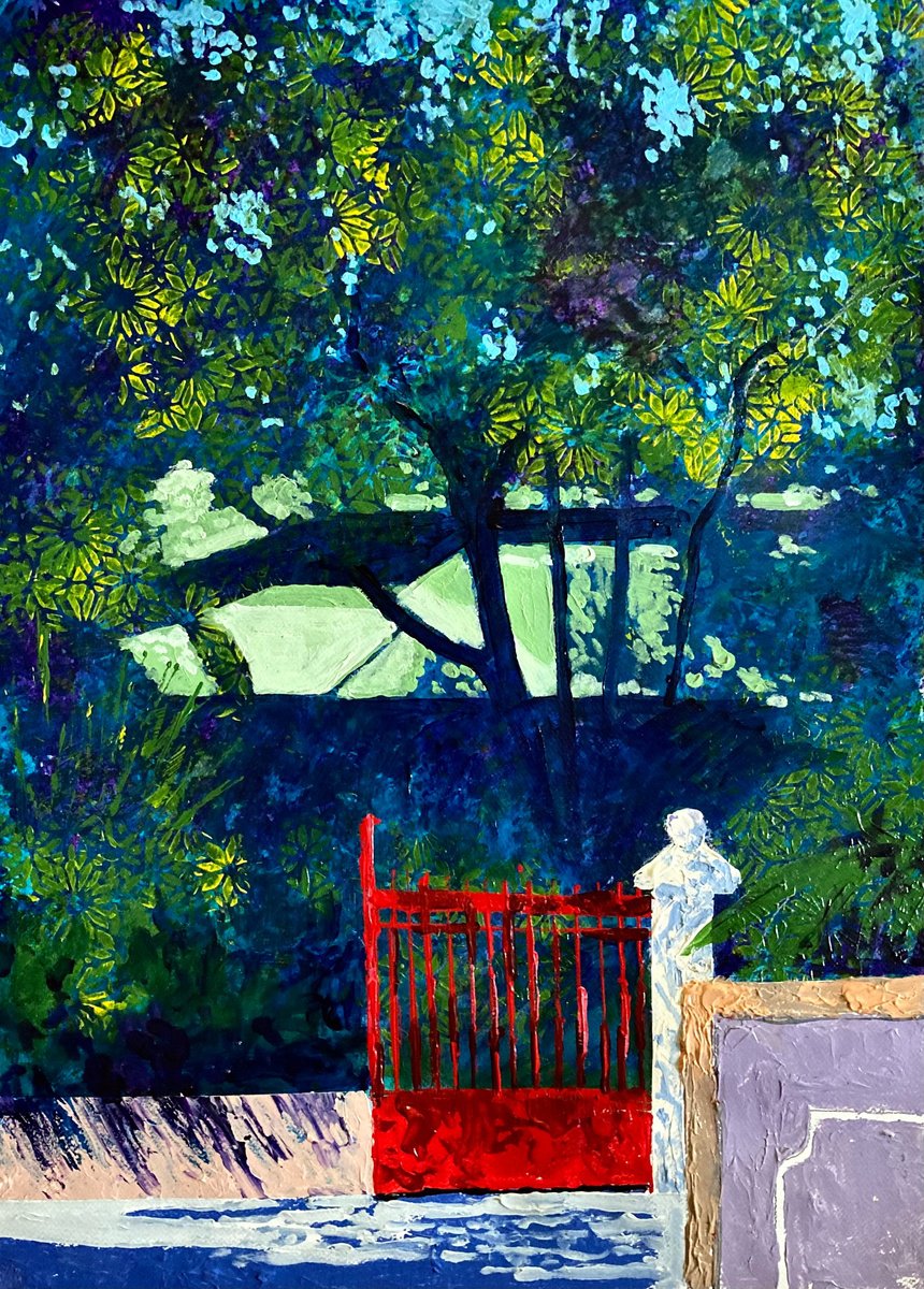 Impressionistic Landscape Acrylic Painting By John Cottee, 22 X 30, Another Red Door, Original Artwork