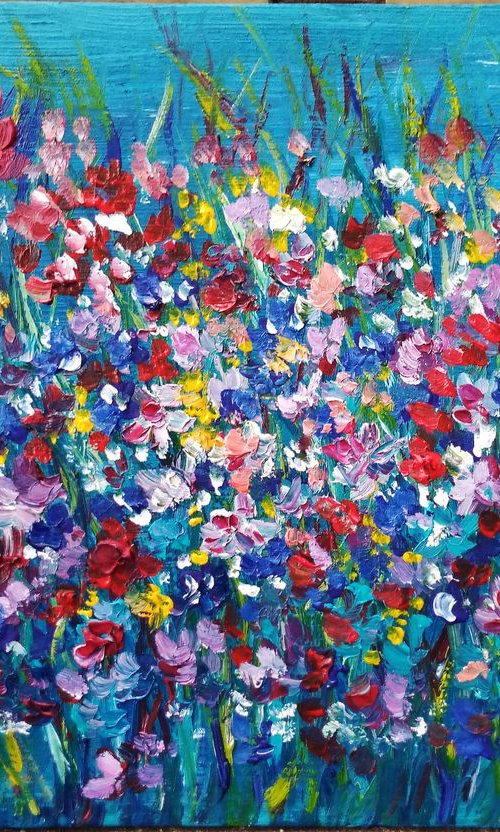 Wildfowers on the meadow oil and acrylic painting on canvasboard by Oksana Fedorova