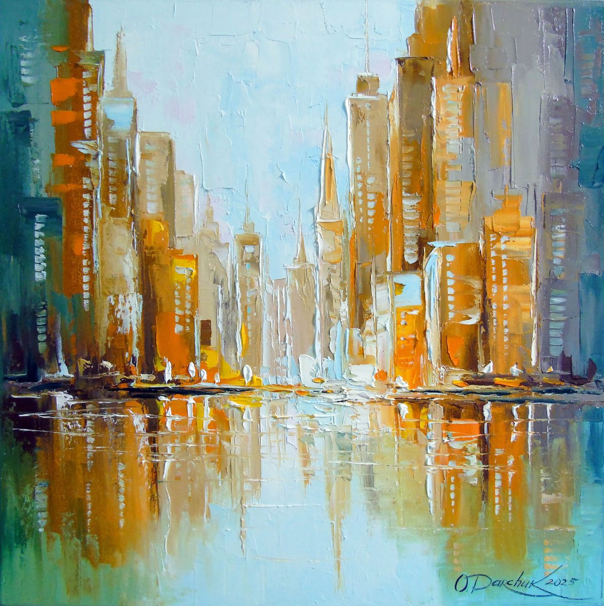 Geometric Cityscapes Oil Painting By Olha Darchuk, 20 X 20", Golden Megapolis, Original Artwork