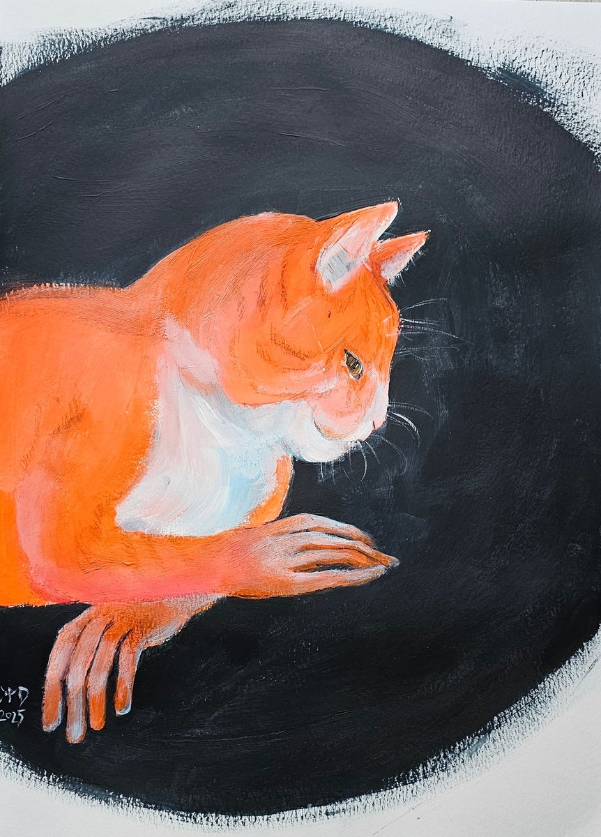 Surrealistic Acrylic Painting , Orange Ginger Cat Portrait On Black By Ksenia June, 12 X 17, Artwork For Sale On Artfinder