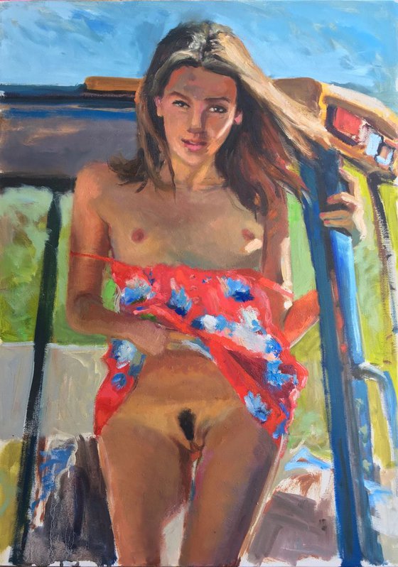 ''Hello Guys", Janet on the tractor, erotic painting