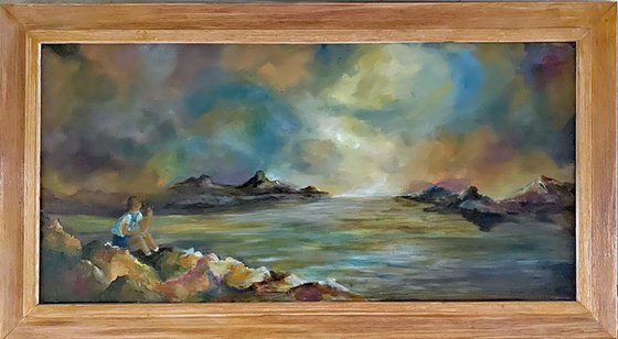 Realistic Sunrise Colorful Landscape Oil Painting with numerous glazes on the water that reflects the sky 10x20 framed