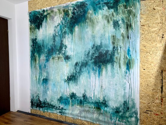 78''X75''(200X190CM), The Sacred Land, blue, olive green, turquoise, green black, texture, land earth colors canvas art  - xxxl art - abstract art painting- extra large art