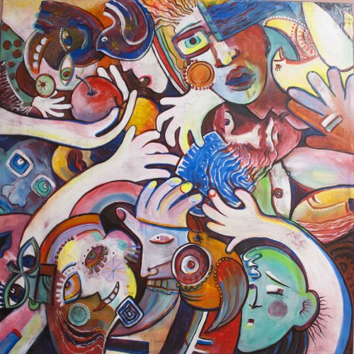 Get Out Your Fingers From My Cup Of Tea (90x90cm abstract surrealistic big size ready to hang) by Vio Valova
