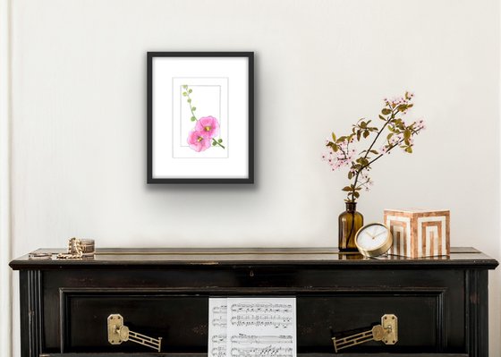 Flowers original watercolor - Pink mallow illustration - Floral mixed media drawing