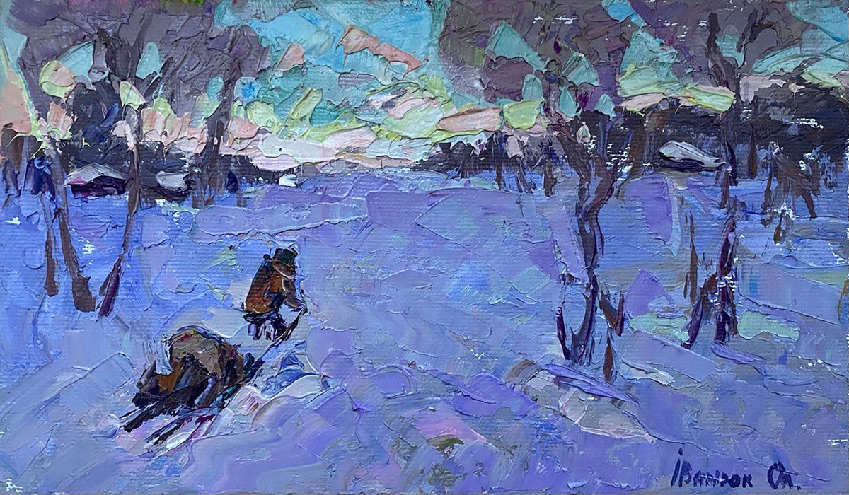 Impressionistic Landscape Oil Painting By Kalenyuk Alex, 10 X 6", Winter Evening, Original Artwork