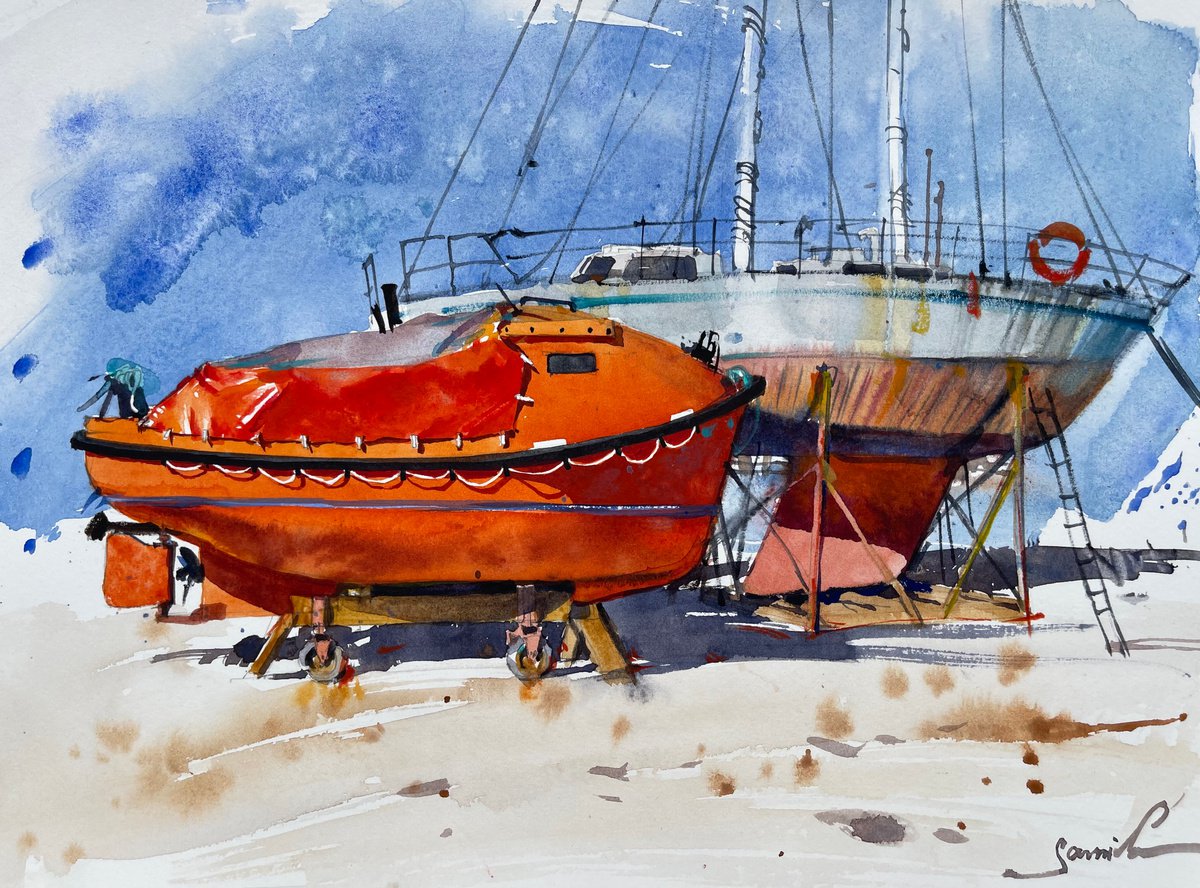 Illustrative Landscape Watercolour By Samira Yanushkova, 12 X 9", Red Yacht On The Shore, Original Artwork