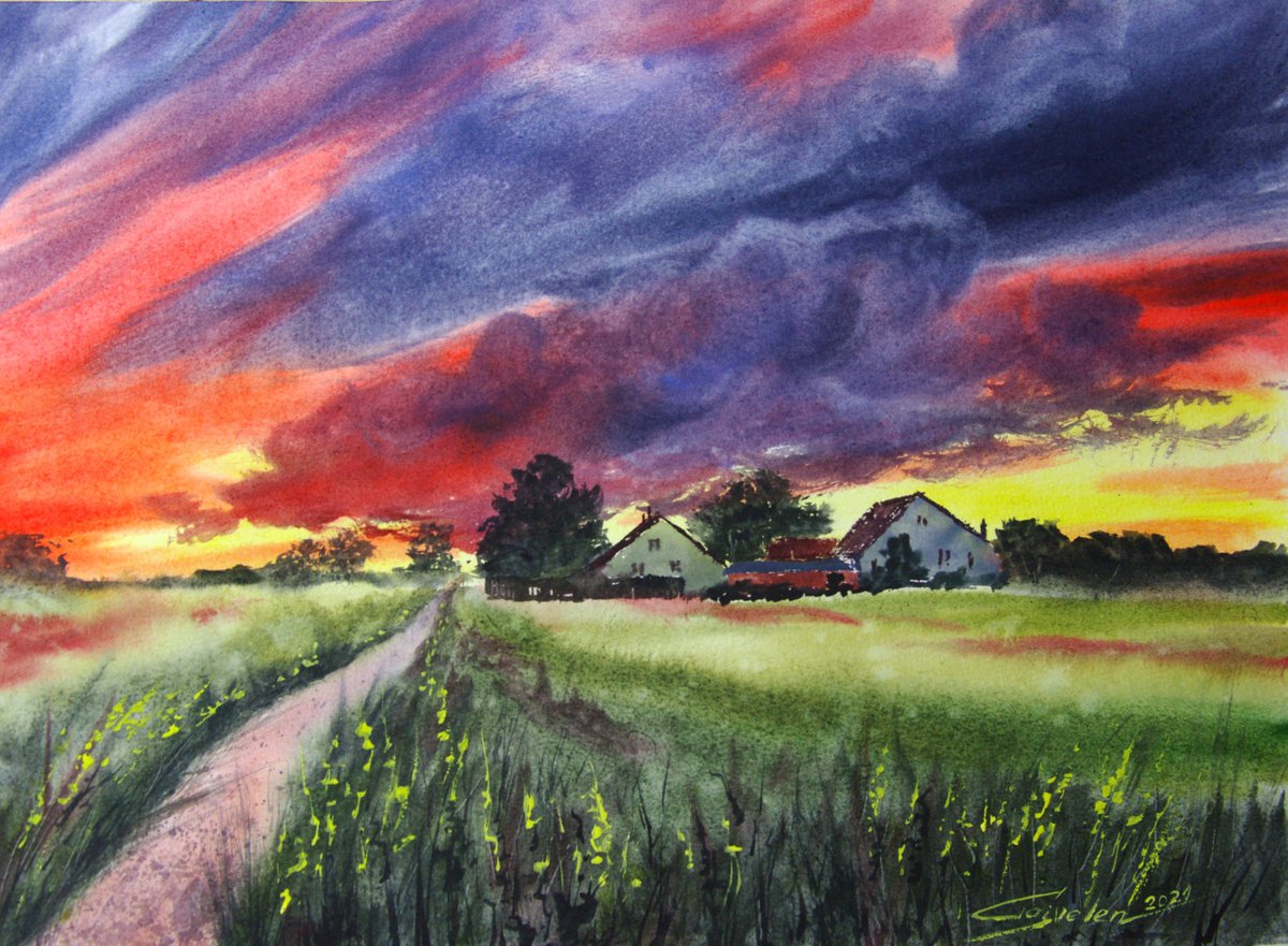 Sunset in the village by Elena Gaivoronskaia